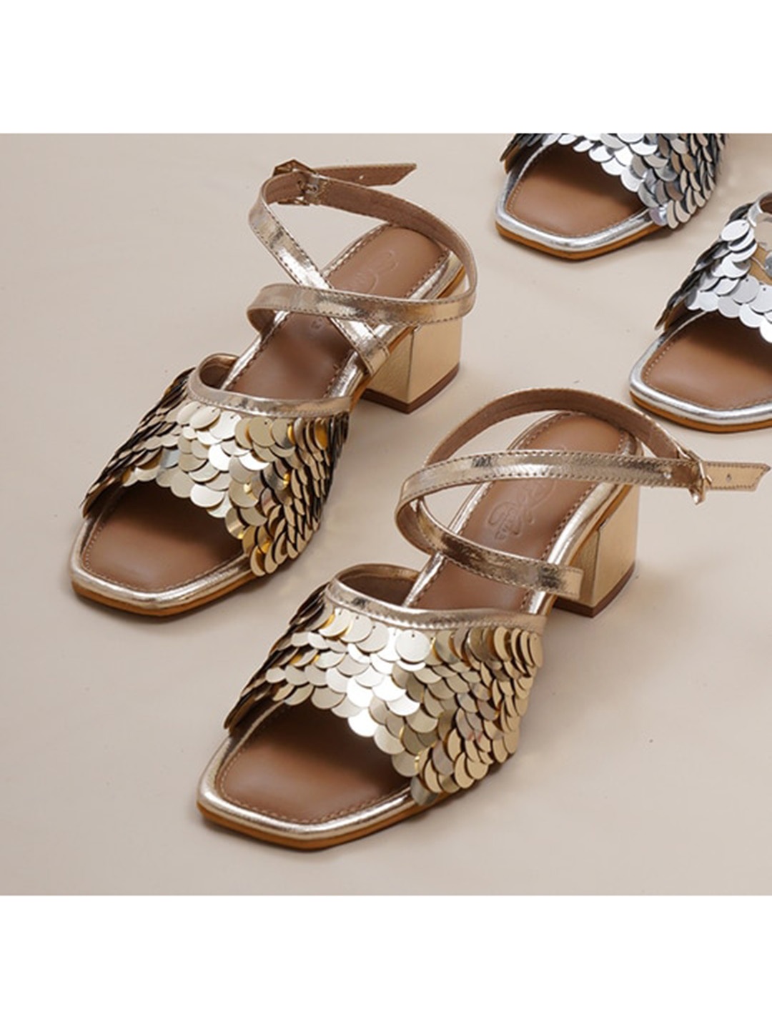 

Sole House Women Gold-Toned Embellished Block Heels