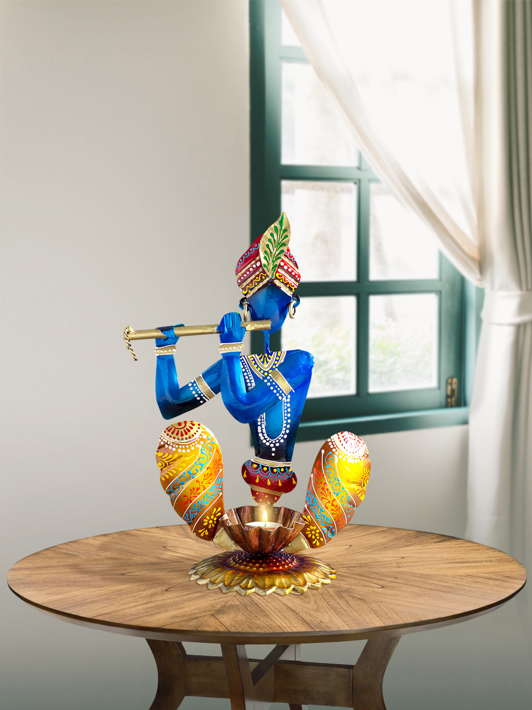 

Golden Peacock Blue & Yellow Handpainted Krishna Candle Holder