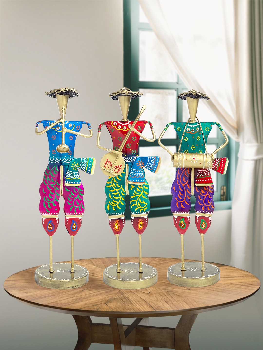 

Golden Peacock Set Of 3 Red & Blue Printed Musicians Decorative Showpieces
