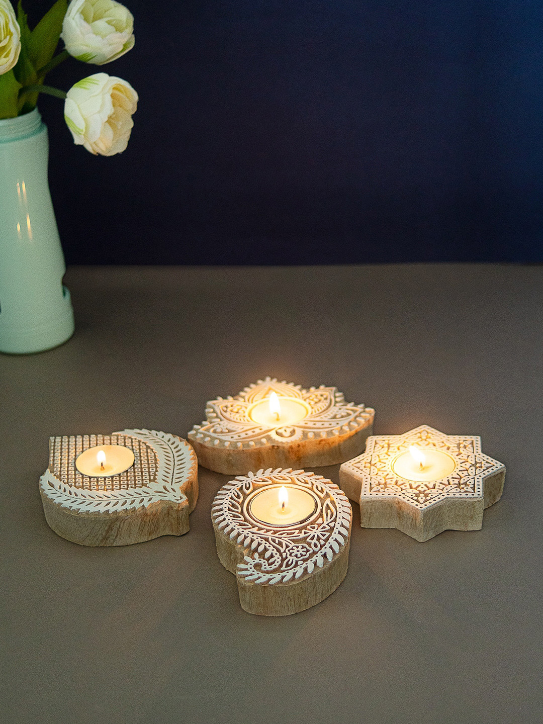 

Golden Peacock Set Of 4 Wooden Carved Hand Blocks Candle Holders, Brown