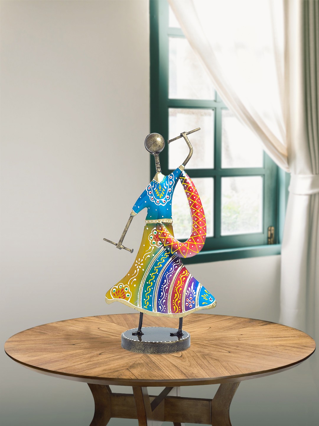 

Golden Peacock Blue & Yellow Gujarati Women Playing Dandia Garba Figurine Showpiece