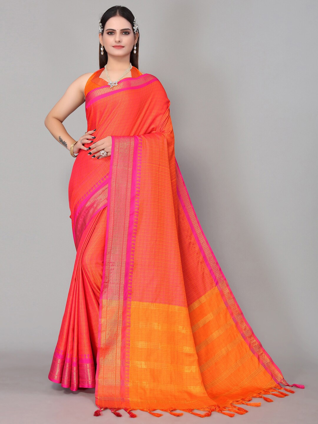 

SIRIL Orange & Pink Woven Design Silk Cotton Saree