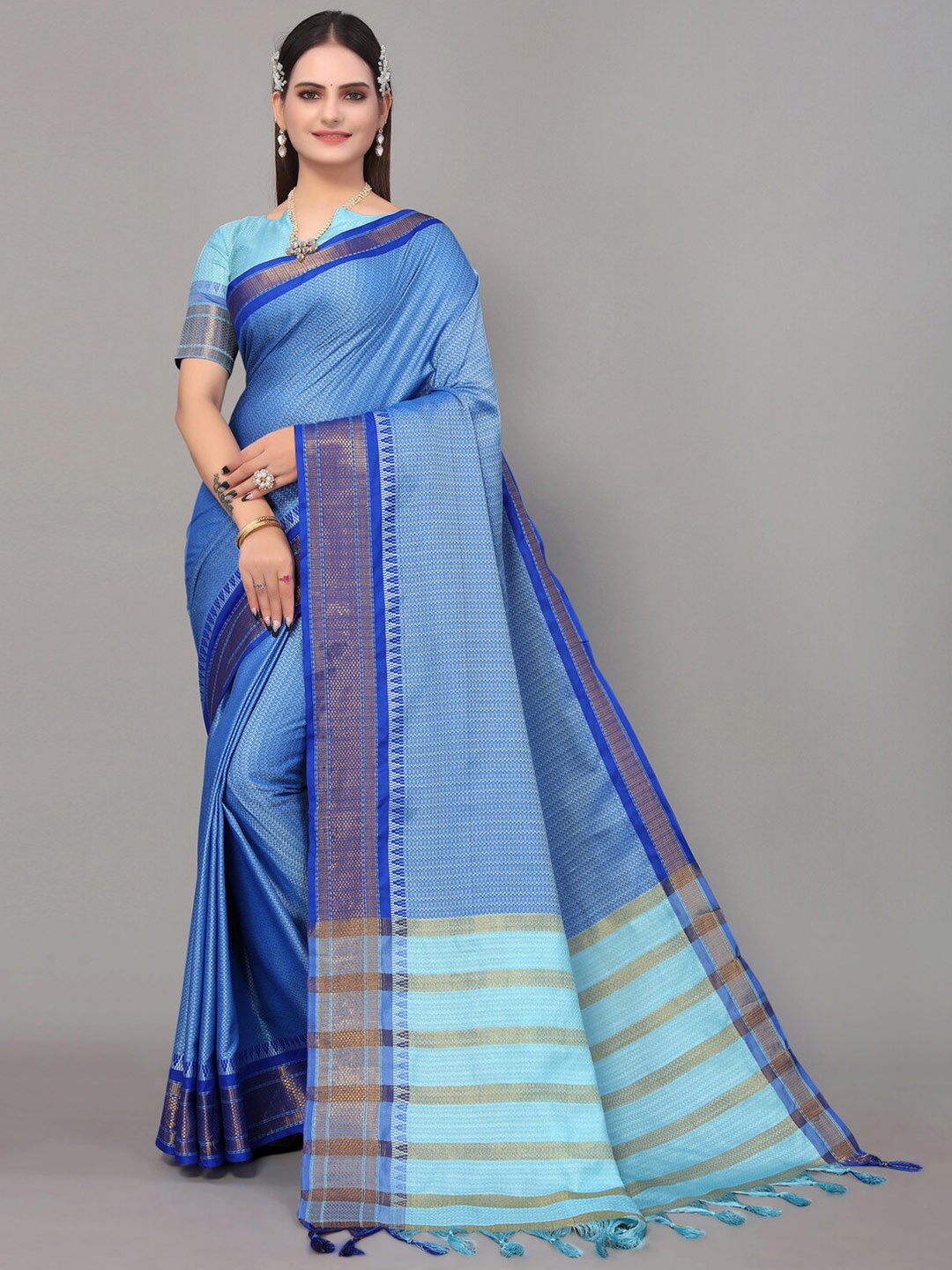 

SIRIL Blue & Gold-Toned Ethnic Motifs Zari Silk Cotton Saree