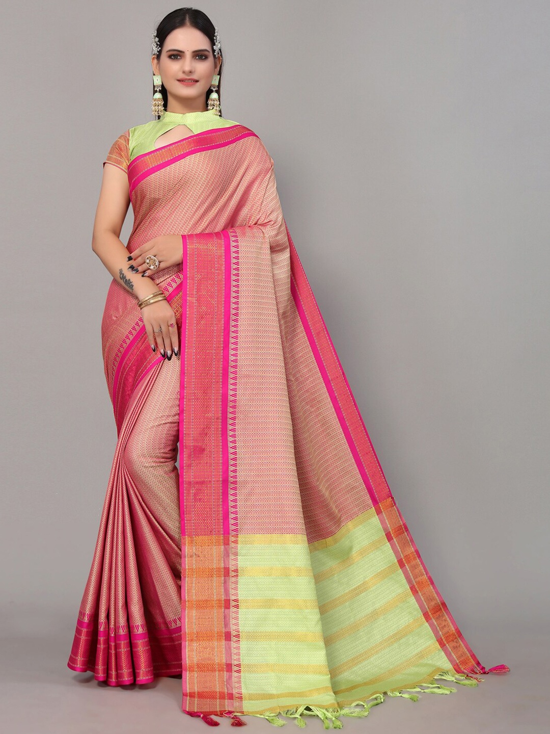 

SIRIL Pink & Green Woven Design Zari Silk Cotton Saree