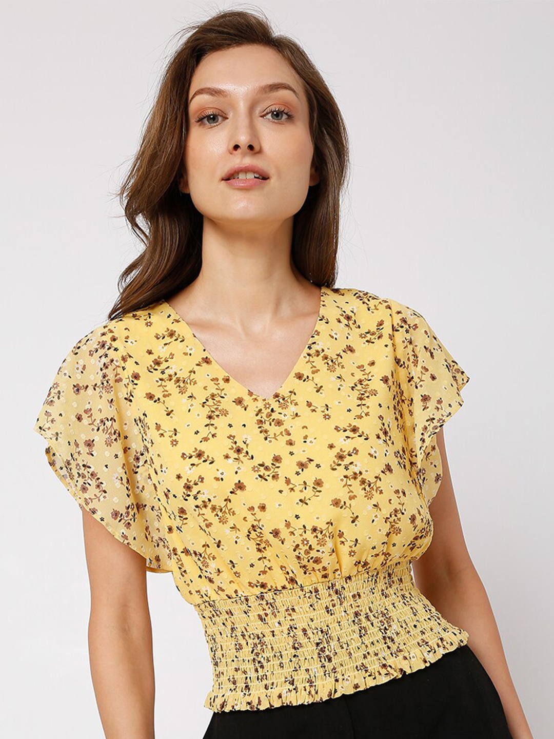 

Vero Moda Gold-Toned & Brown Floral Print Cinched Waist Top