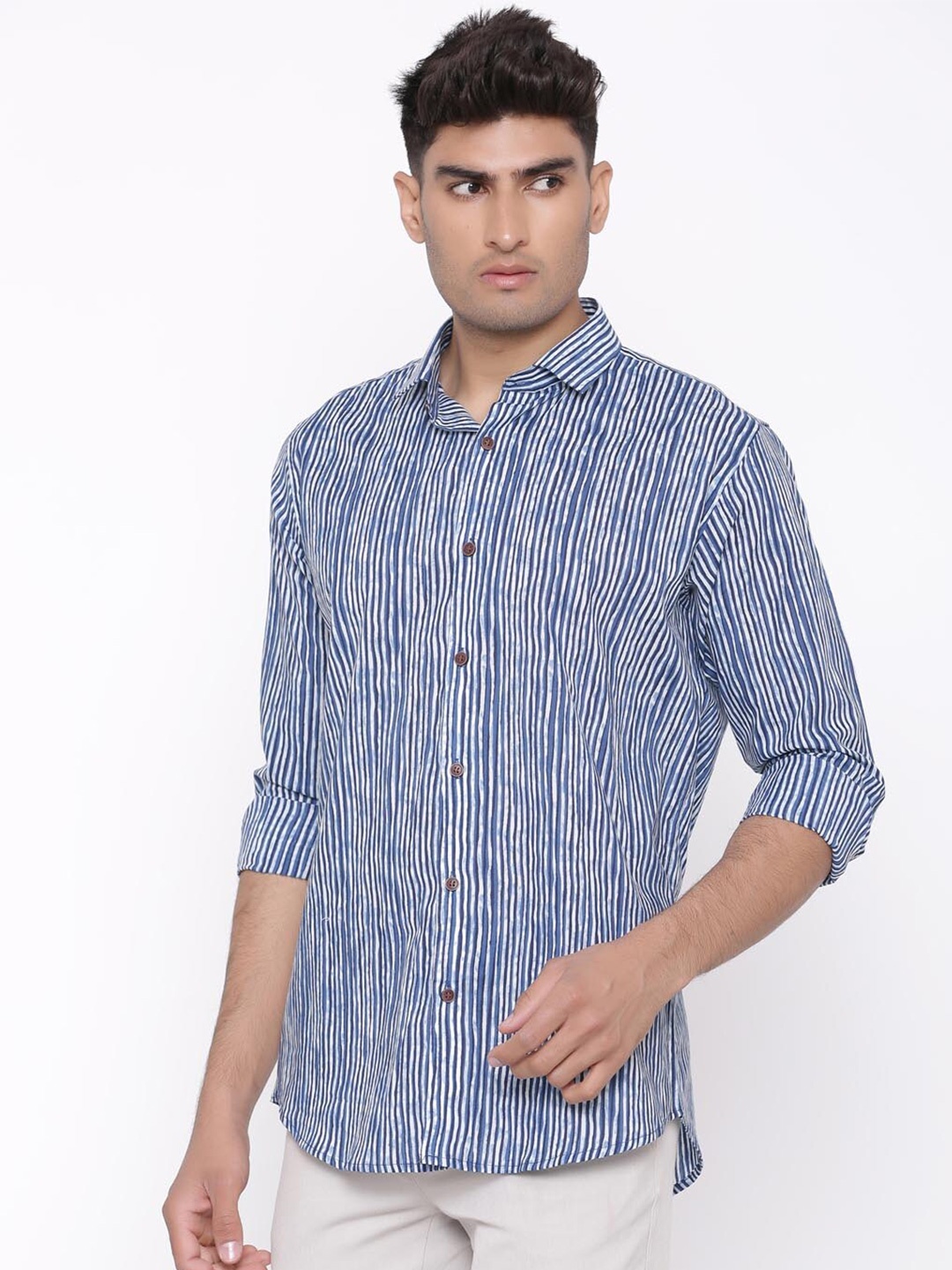 

Tistabene Men Blue Regular Fit Comfort Striped Cotton Casual Shirt