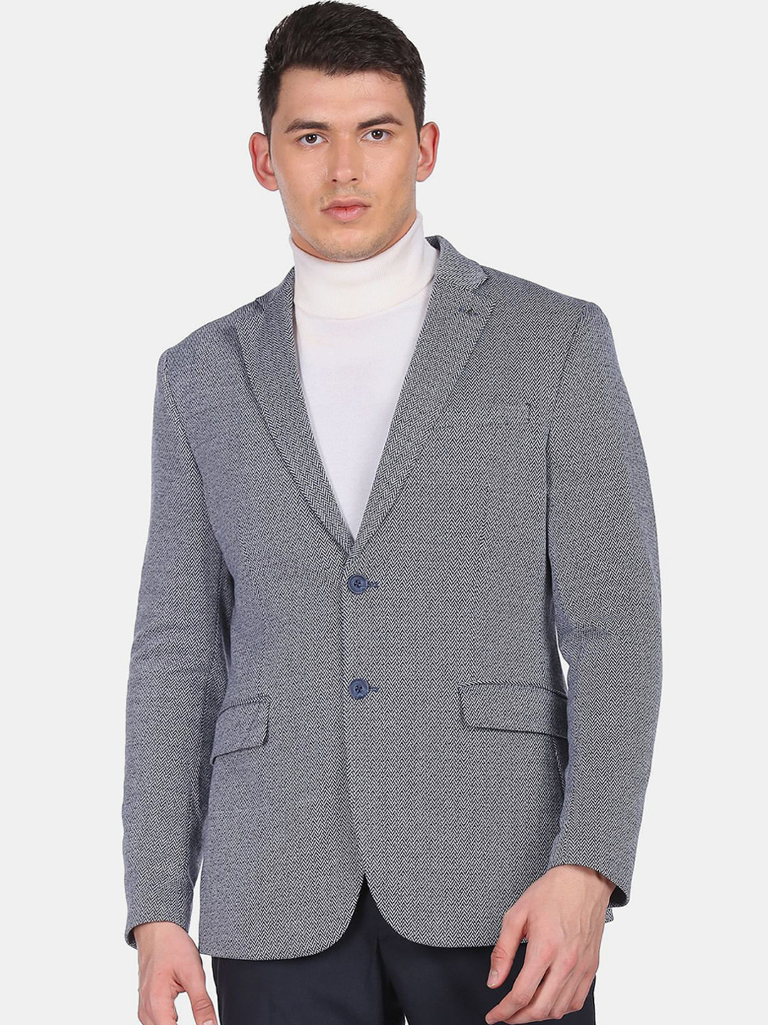 

Arrow Men Blue & White Self-Design Slim-Fit Single-Breasted Formal Blazer