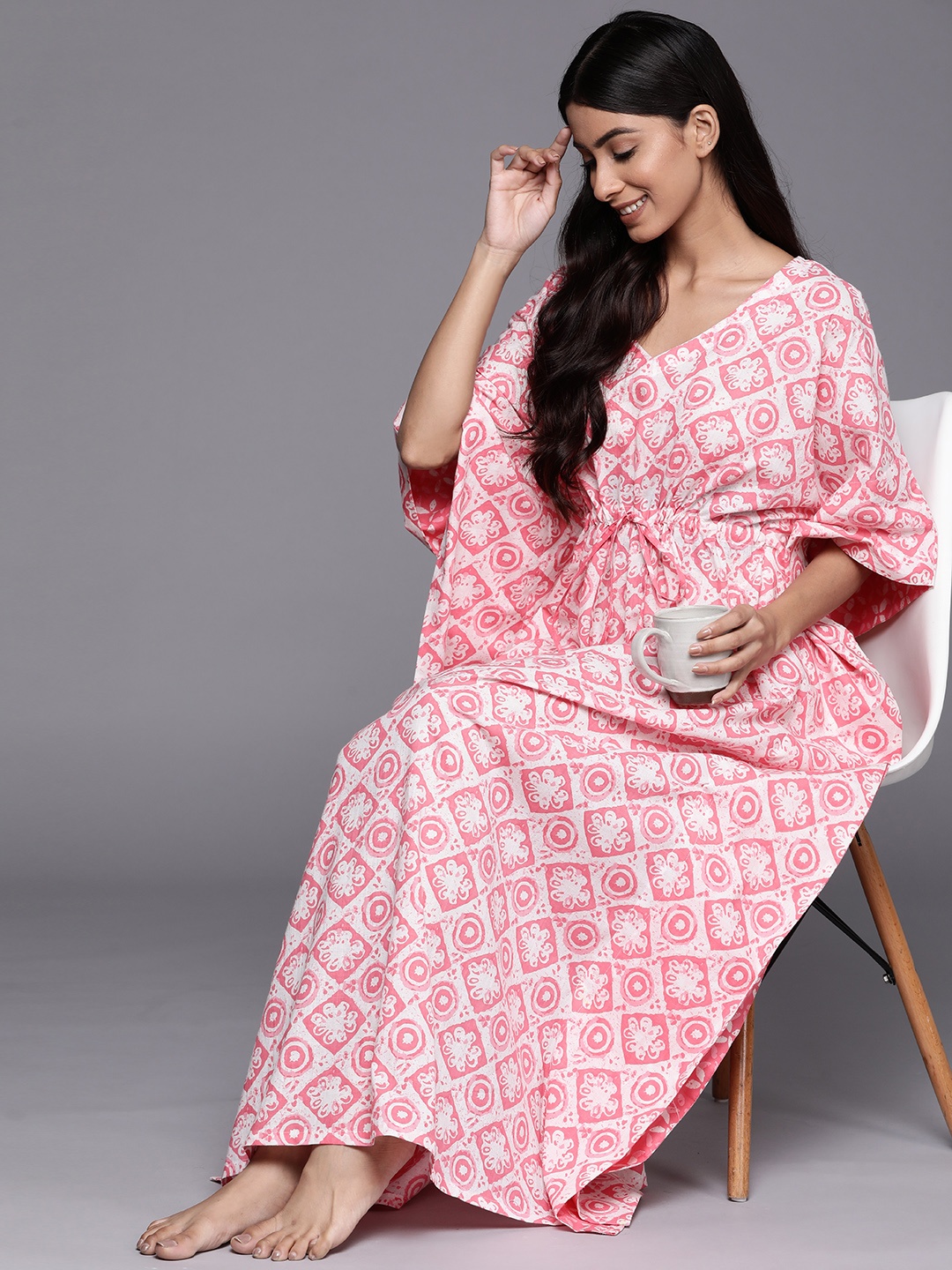 

Libas White Printed Pure Cotton Maxi Kaftan Nightdress