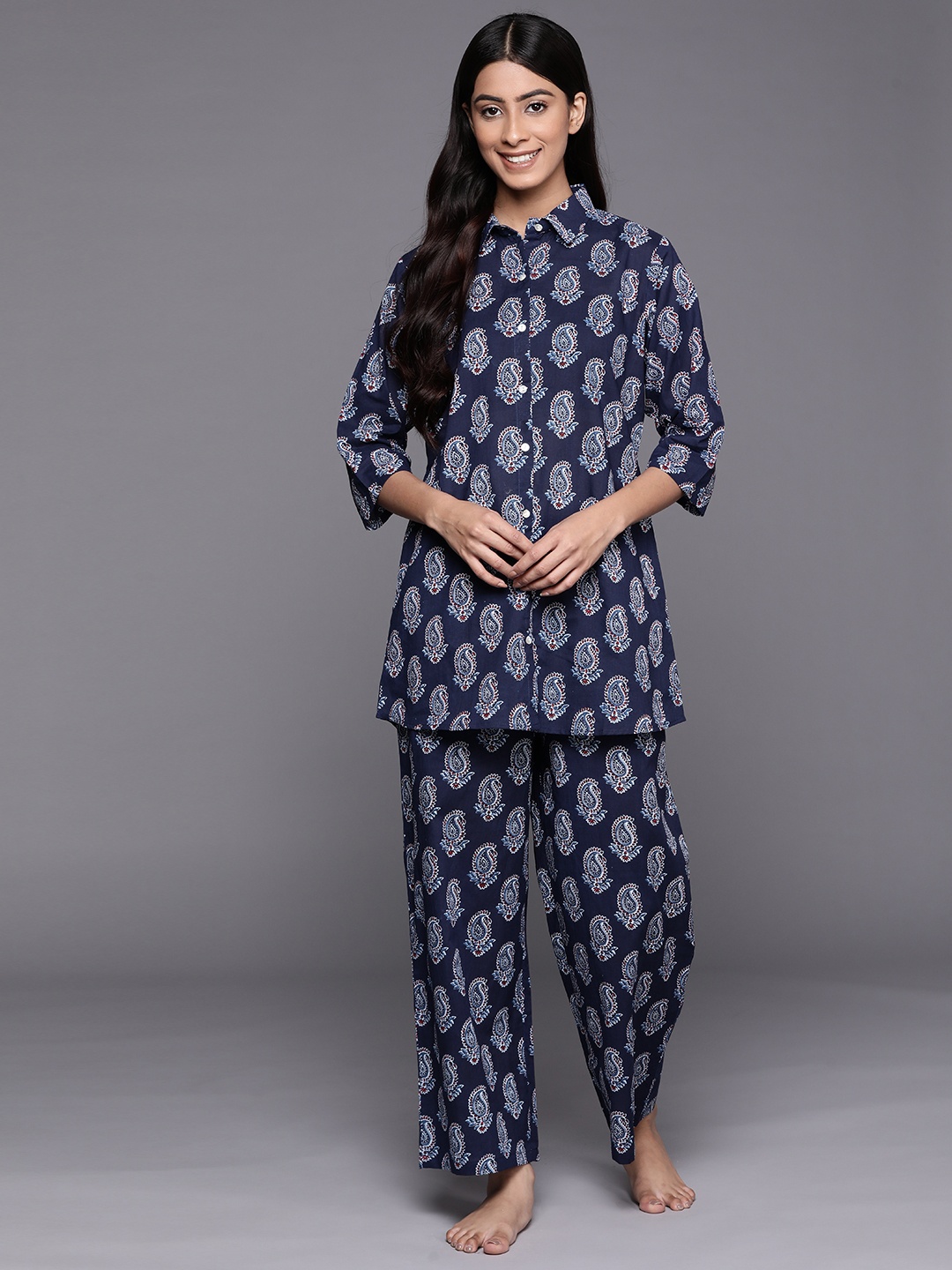 

Libas Women Navy Blue Paisley Printed Cotton Night suit