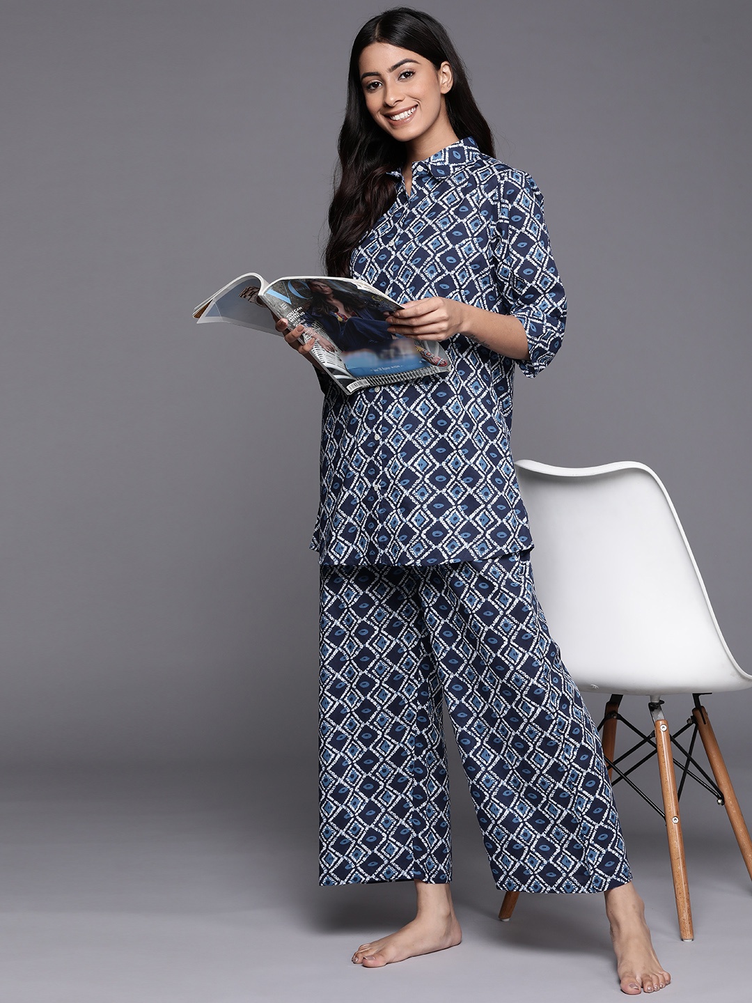 

Libas Women Navy Blue & White Printed Cotton Night suit