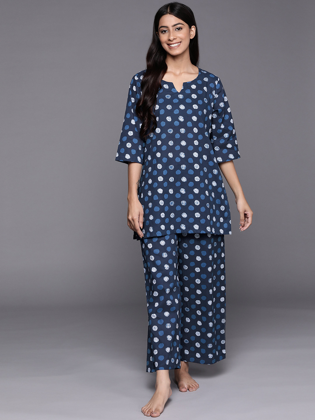 

Libas Women Navy Blue Printed Cotton Night suit