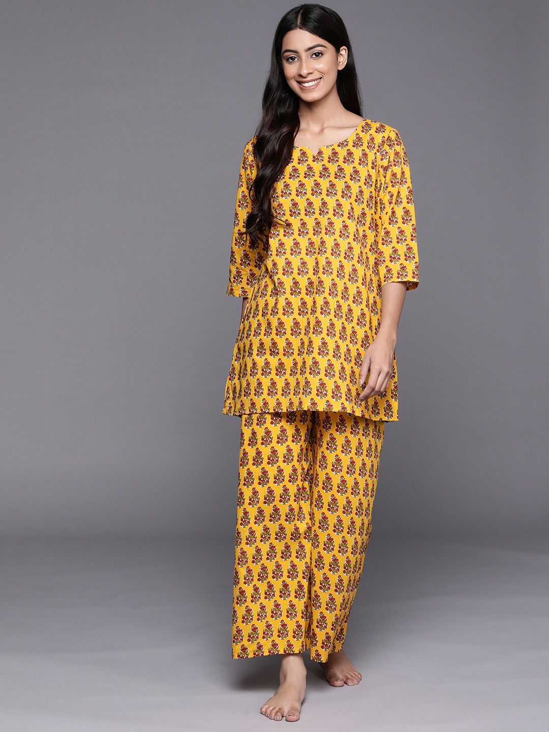 

Libas Women Mustard Printed Cotton Night suit