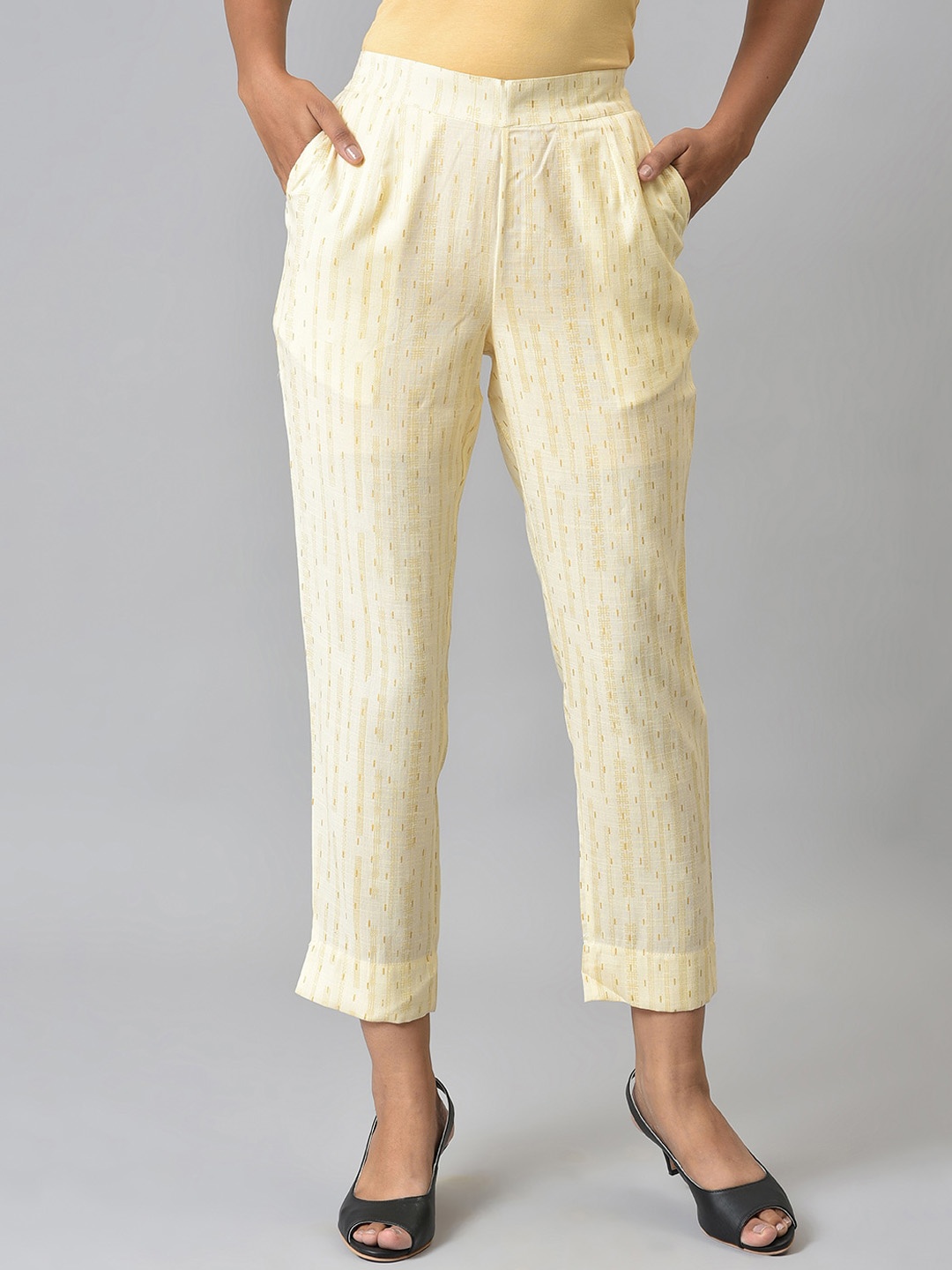 

AURELIA Women Off White Striped Cigarette Trousers