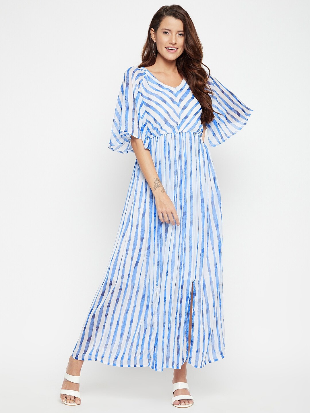 

Ruhaans Women Blue Striped Chiffon Maxi Dress