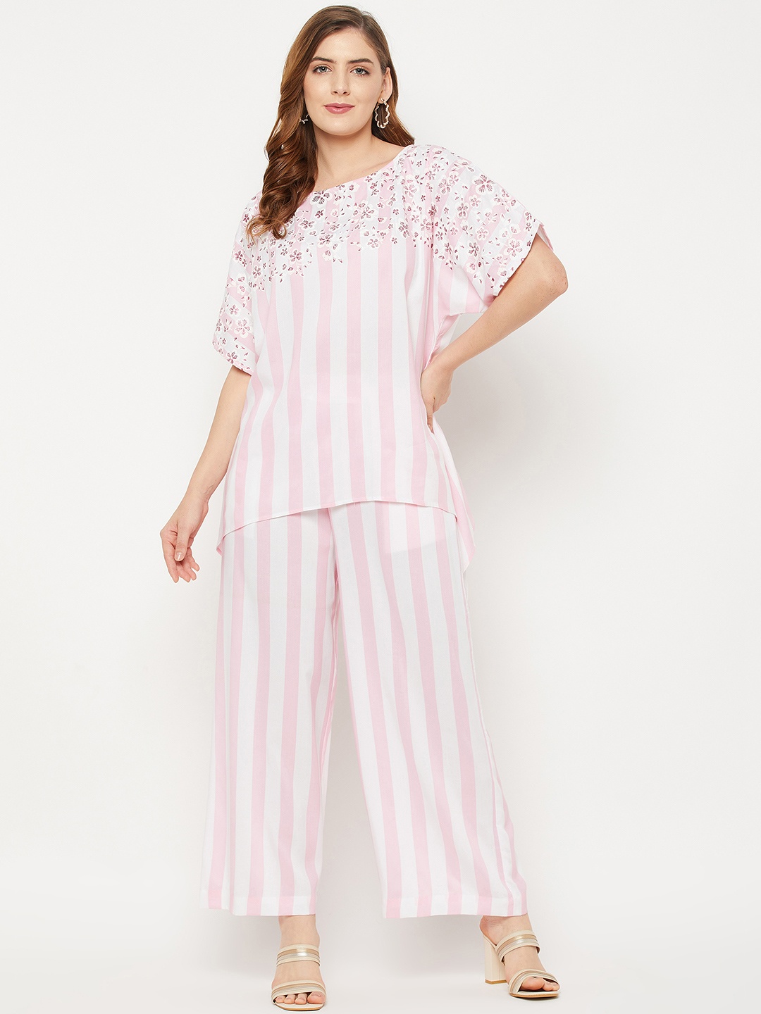

Ruhaans Woman Pink & White Striped Floral Printed Rayon Co-Ords