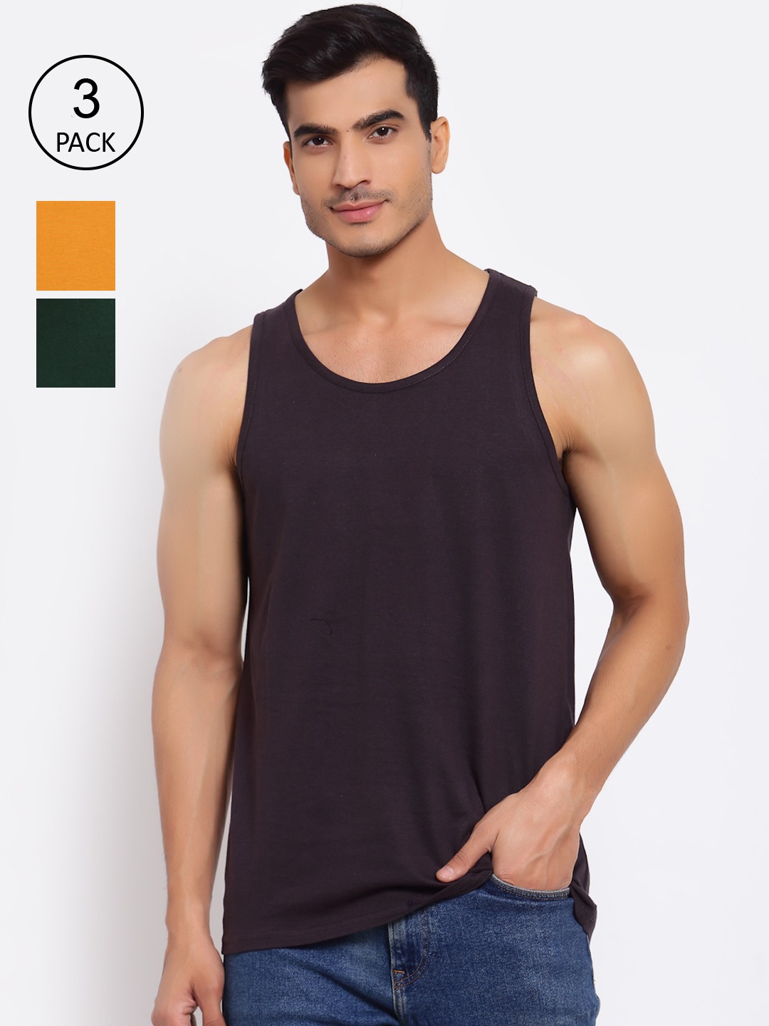 

FERANOID Men Pack Of 3 Innerwear Vests, Mustard