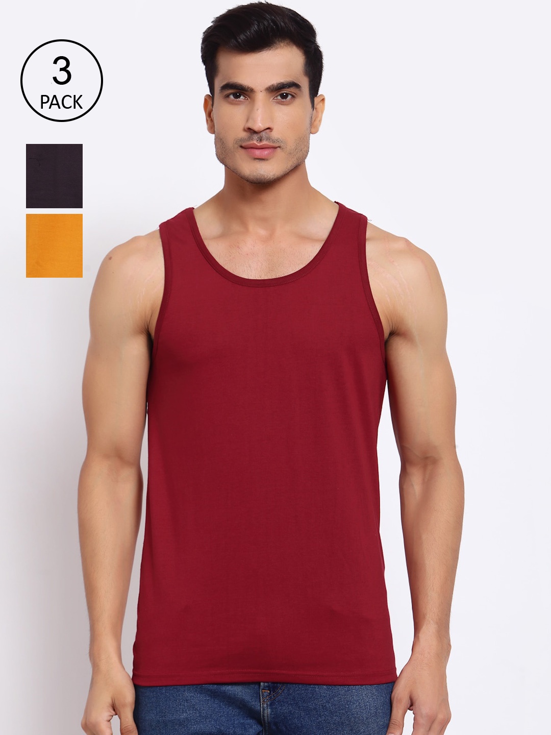 

FERANOID Men Pack Of 3 Solid Cotton Innerwear Vests, Mustard