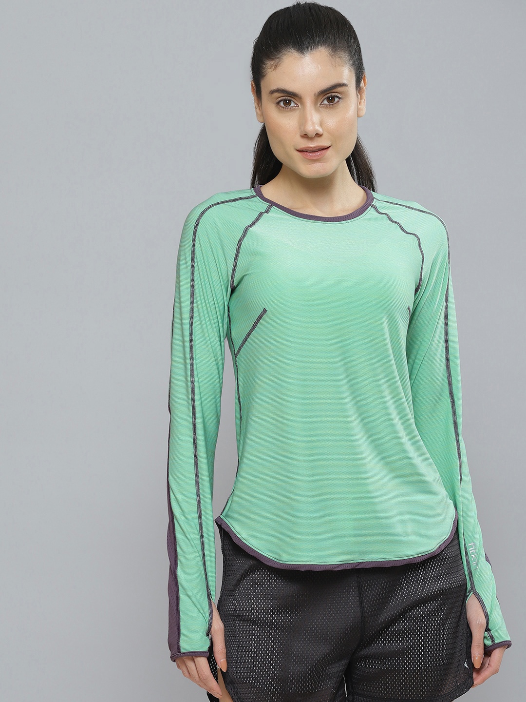 

Fitkin Women Green Colourblocked Dry Fit Running T-shirt