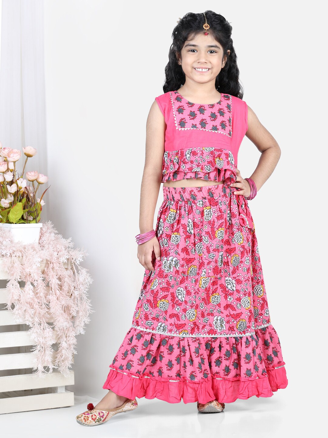 

Kinder Kids Girls Pink & Yellow Printed layered Lehenga and Top