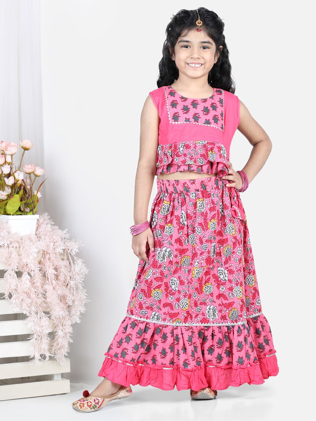 

Kinder Kids Girls Pink & Yellow Printed Cotton Ready to Wear Lehenga