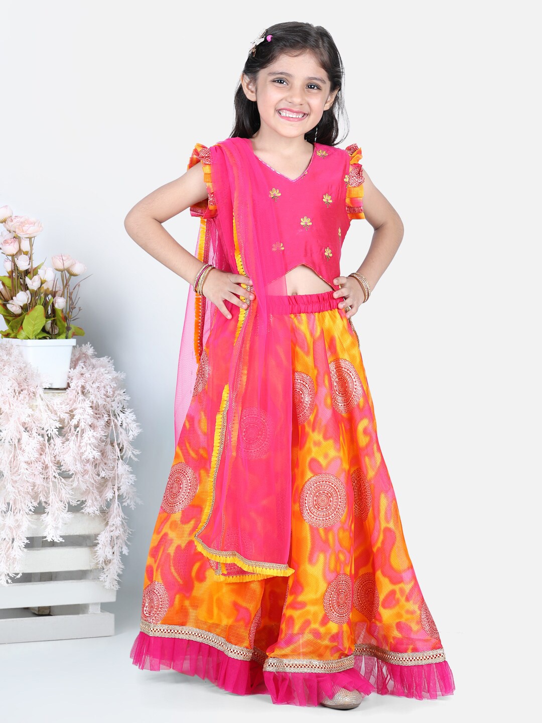 

Here&Now X Kinder Kids Girls Embroidered Net Frilled Kota Lehenga & Blouse With Dupatta, Pink