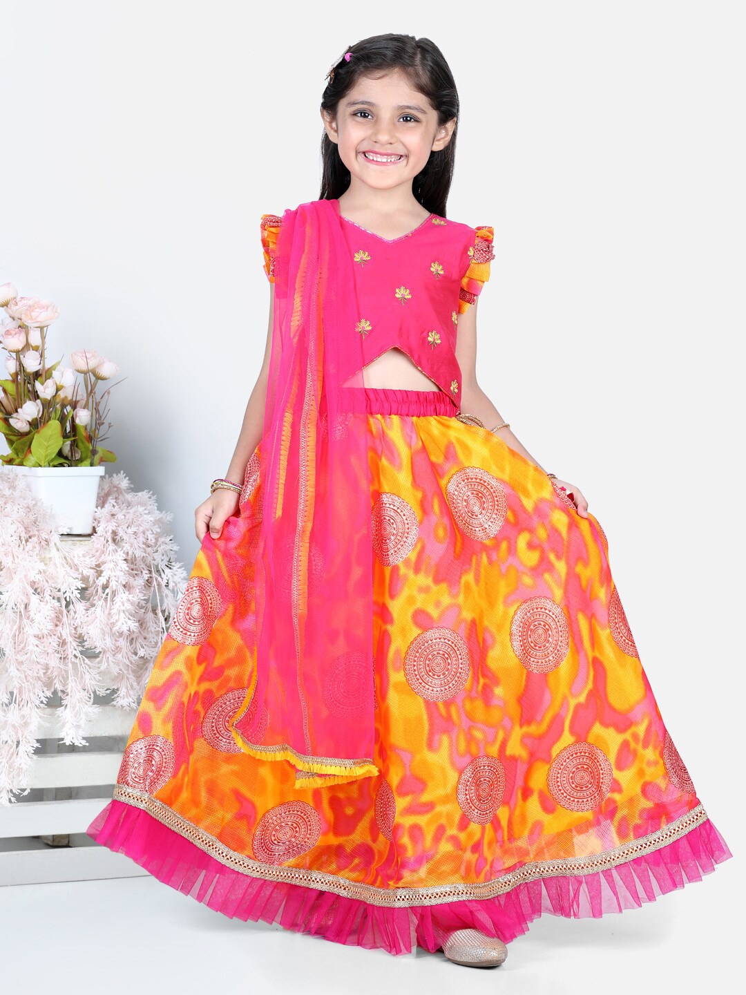 

Kinder Kids Girls Pink & Orange Embroidered Thread Work Ready to Wear Lehenga & Blouse With Dupatta
