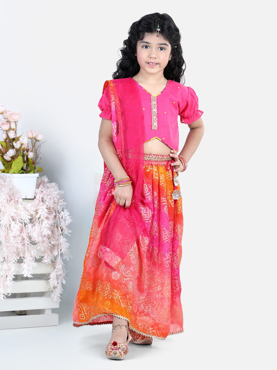 

Kinder Kids Girls Pink & Orange Embroidered Lehenga & Blouse With Dupatta