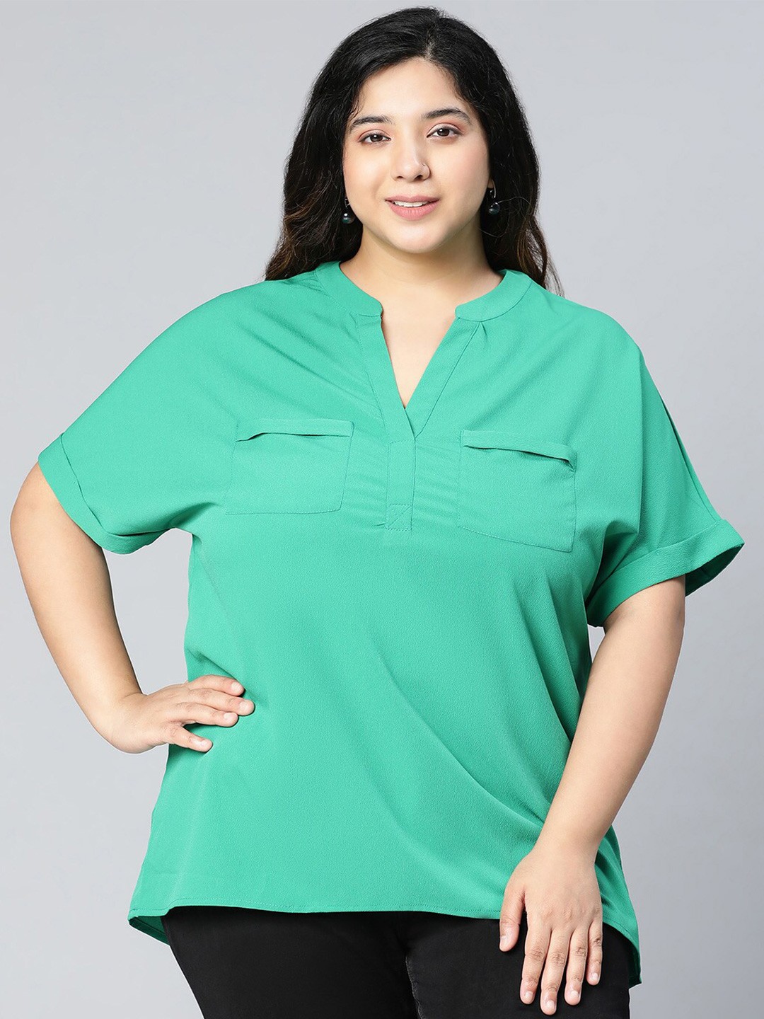 

Oxolloxo Women Plus Size Green Mandarin Collar Tunic