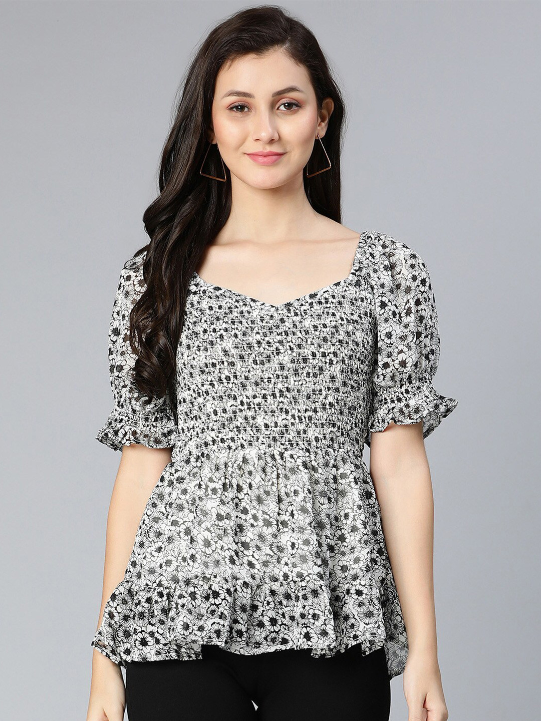 

Oxolloxo White Floral Print Smocked Peplum Top