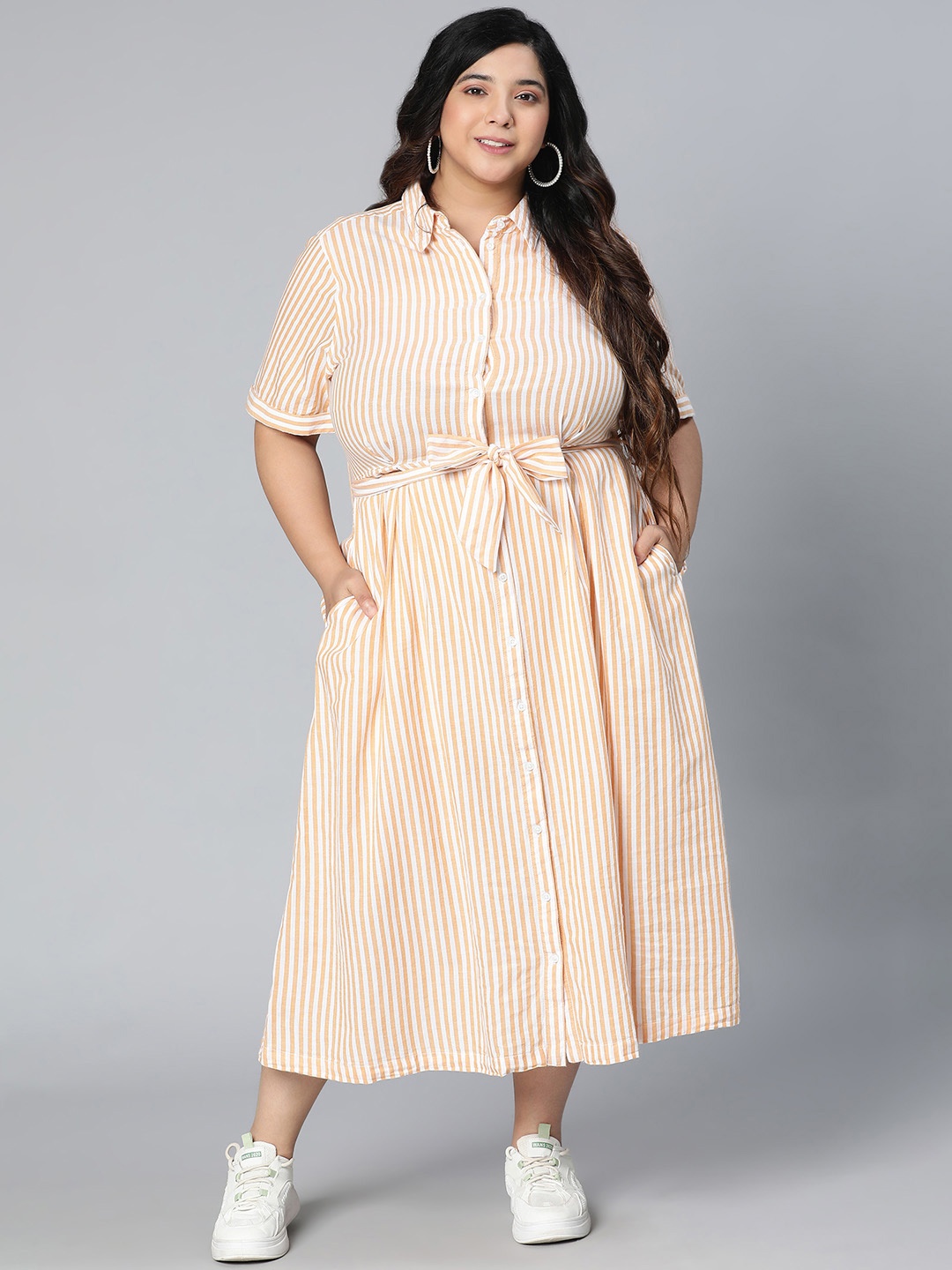 

Oxolloxo Orange Plus size Striped Printed Shirt Cotton Midi Dress