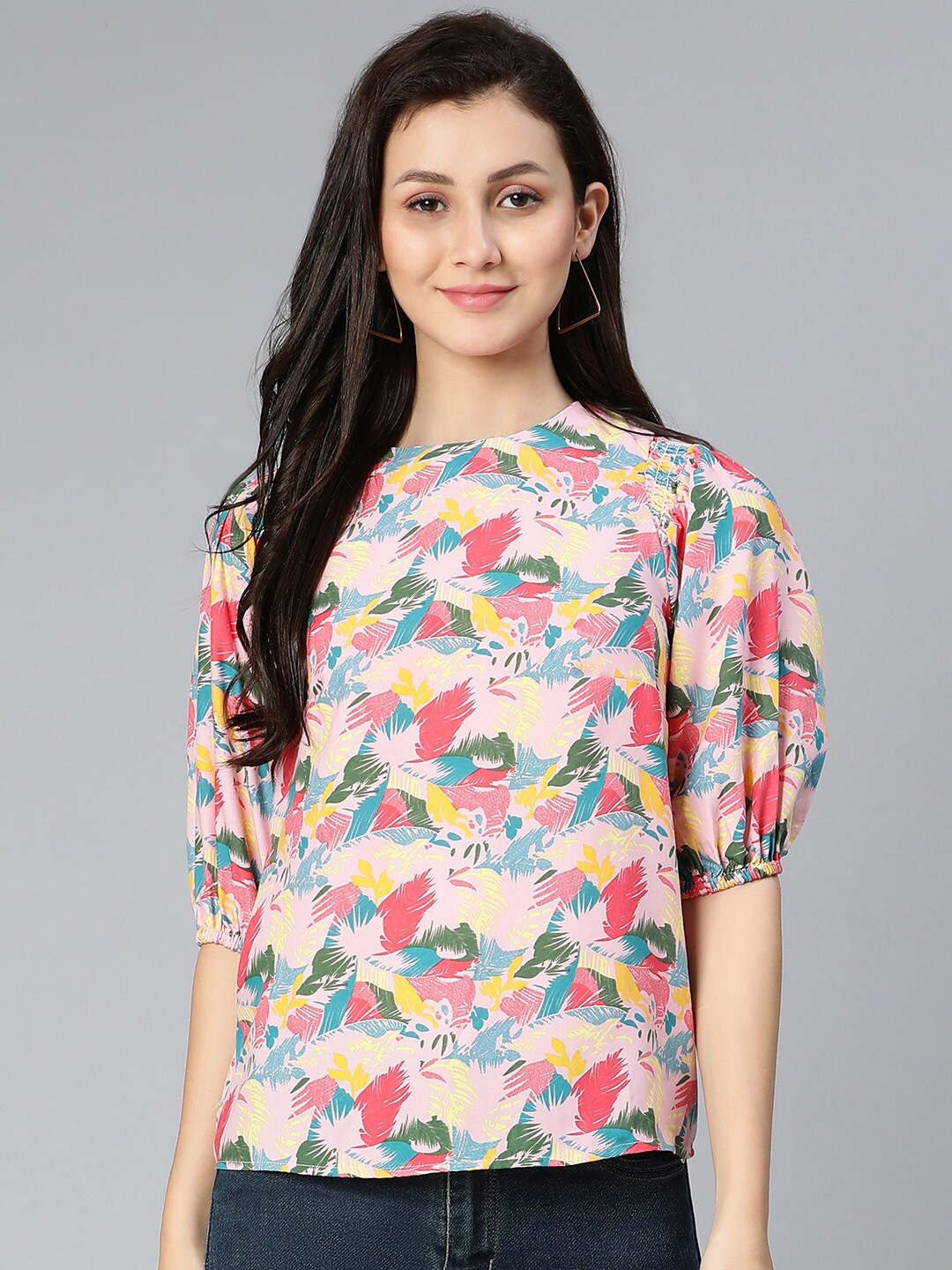 

Oxolloxo Women Pink & Green Tropical Print Crepe Top