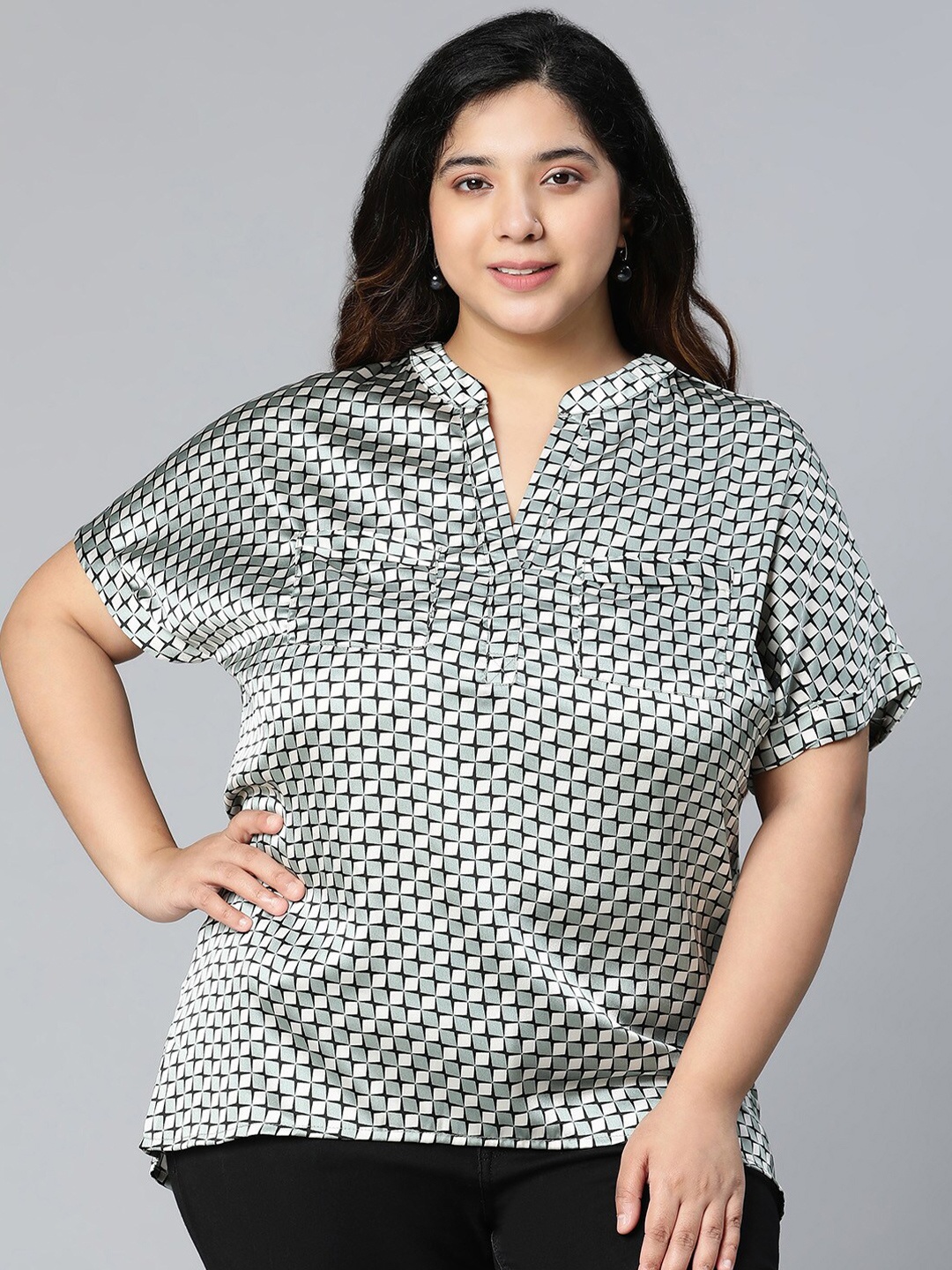 

Oxolloxo Green Geometric Print Mandarin Collar Top