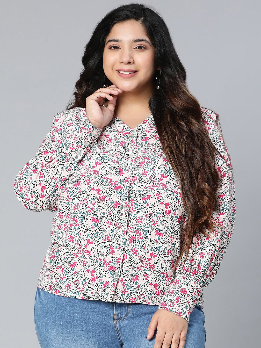 

Oxolloxo Women plus size White & Pink Floral Print Ruffles Shirt Style Top