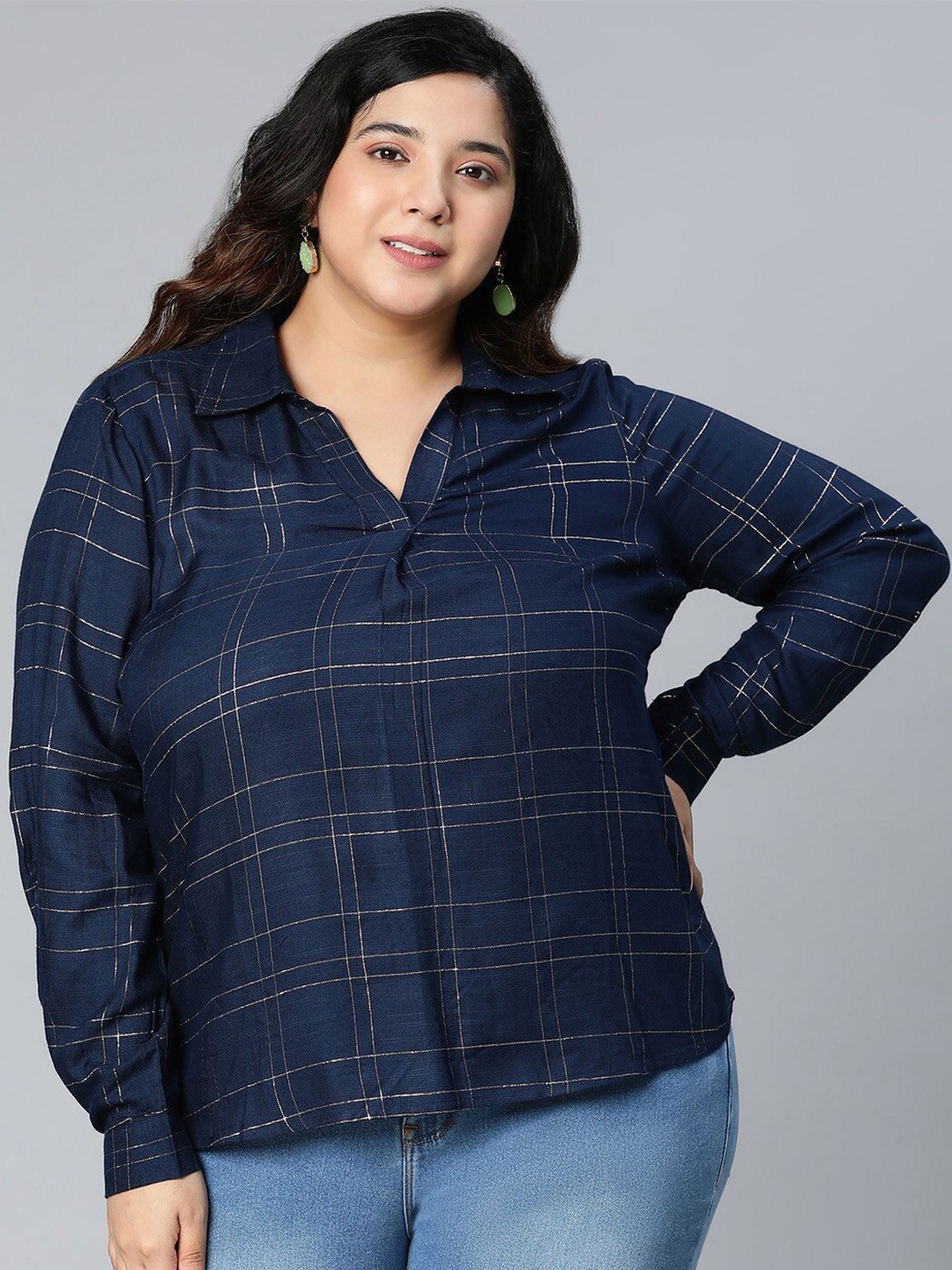 

Oxolloxo Women Plus Check V-Neck Viscose Shirt Top, Navy blue