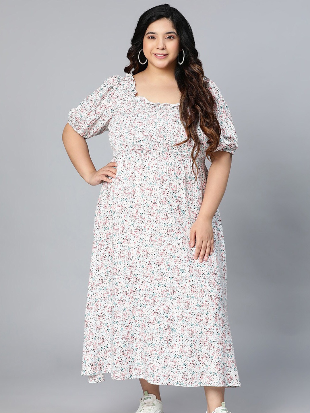 

Oxolloxo Plus Size White Floral printed smocked Crepe Maxi Dress