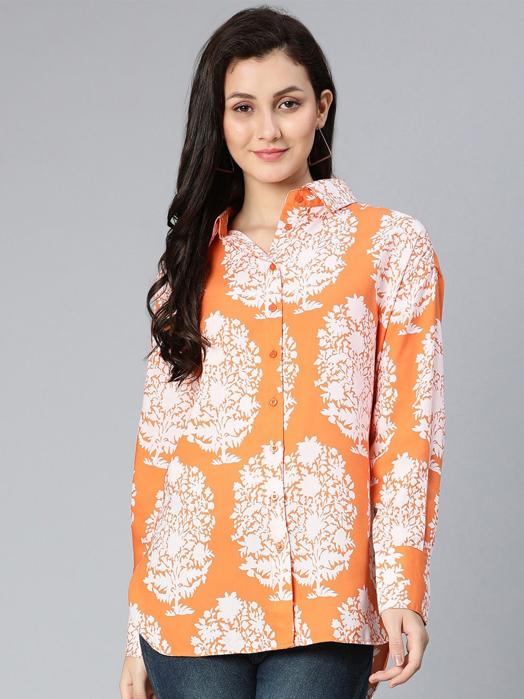 

Oxolloxo Women Rust Classic Floral Semi Sheer Printed Casual Shirt