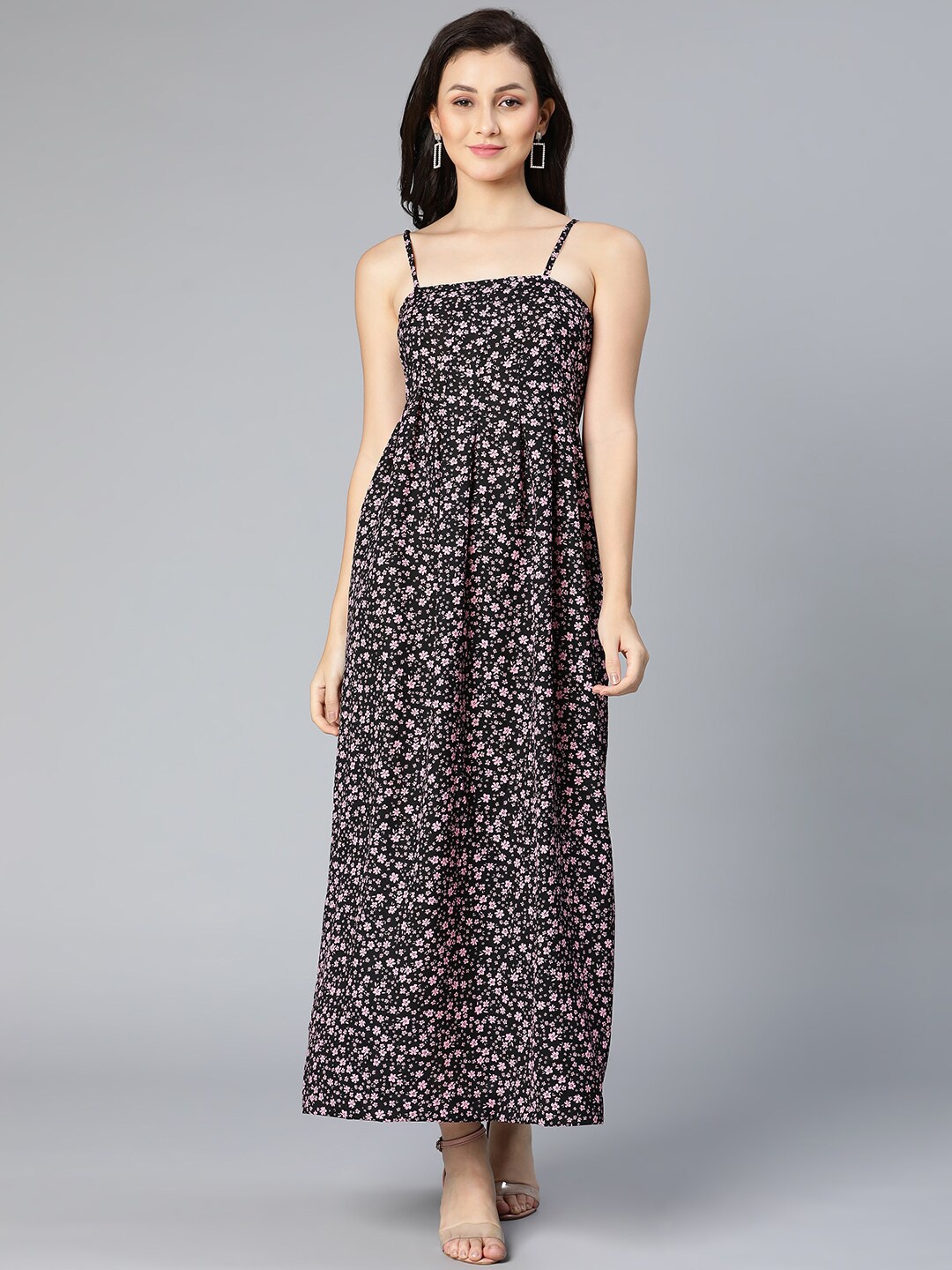 

Oxolloxo Women Black Floral printed Satin Maxi Dress