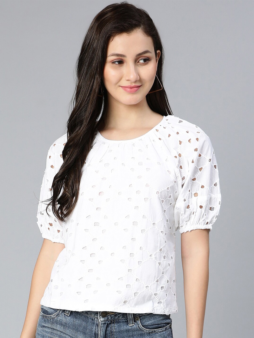 

Oxolloxo Women White Geometric Pure Cotton Schiffli Top
