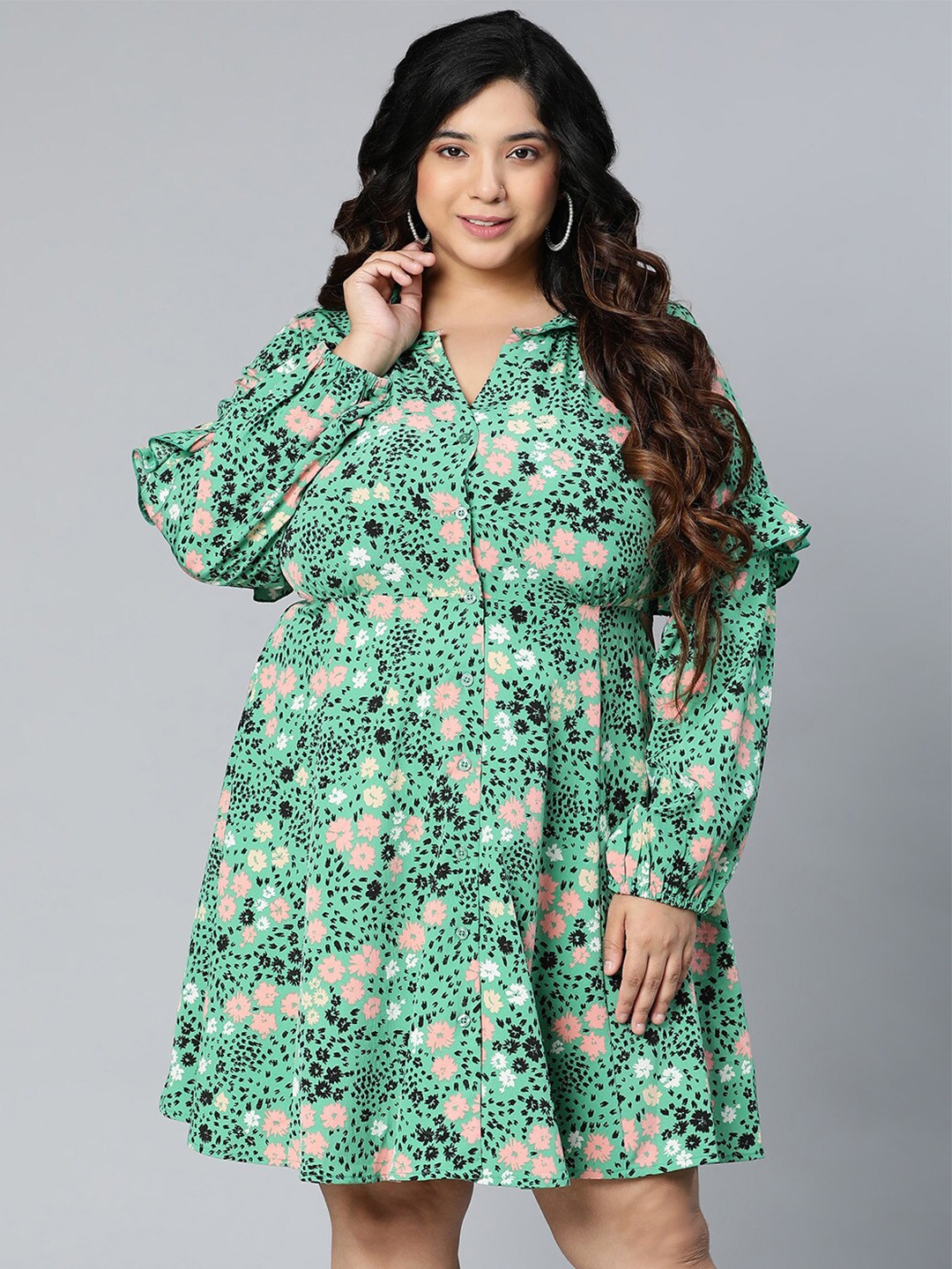 

Oxolloxo Women Plus Size Green Floral Print Satin Shirt Style Polyester Dress