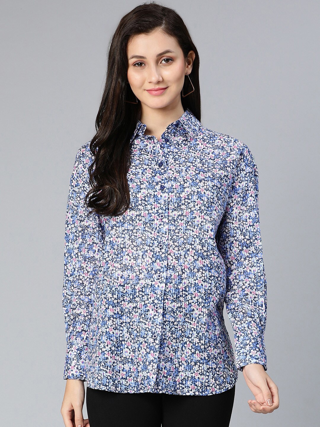 

Oxolloxo Women Blue Classic Floral Printed Semi Sheer Formal Shirt