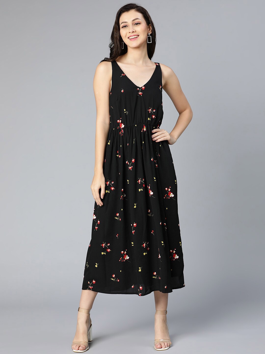 

Oxolloxo Black Floral Satin A-Line Midi Dress