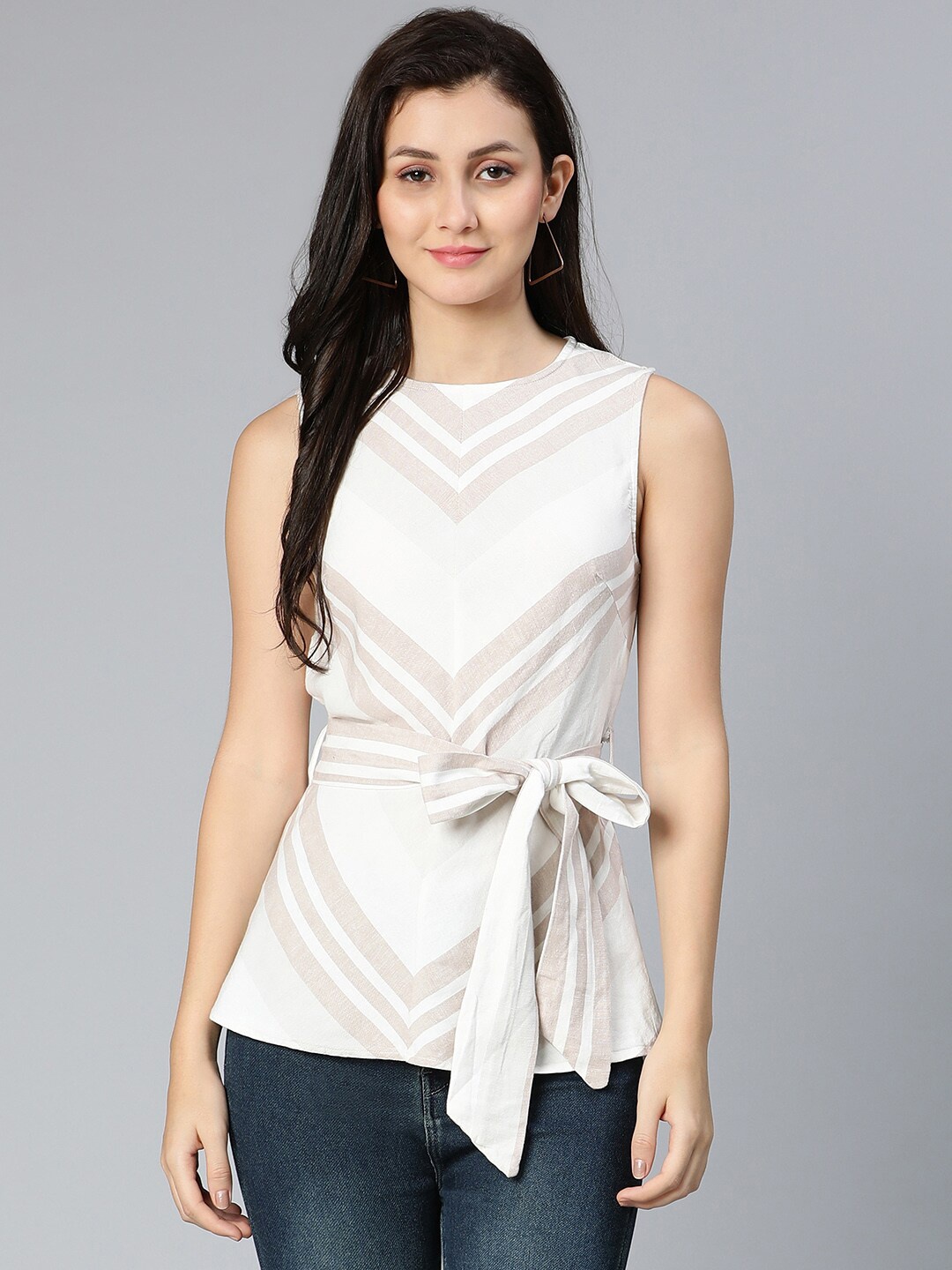 

Oxolloxo Women White Pure Cotton Striped Sleeveless Belted Top