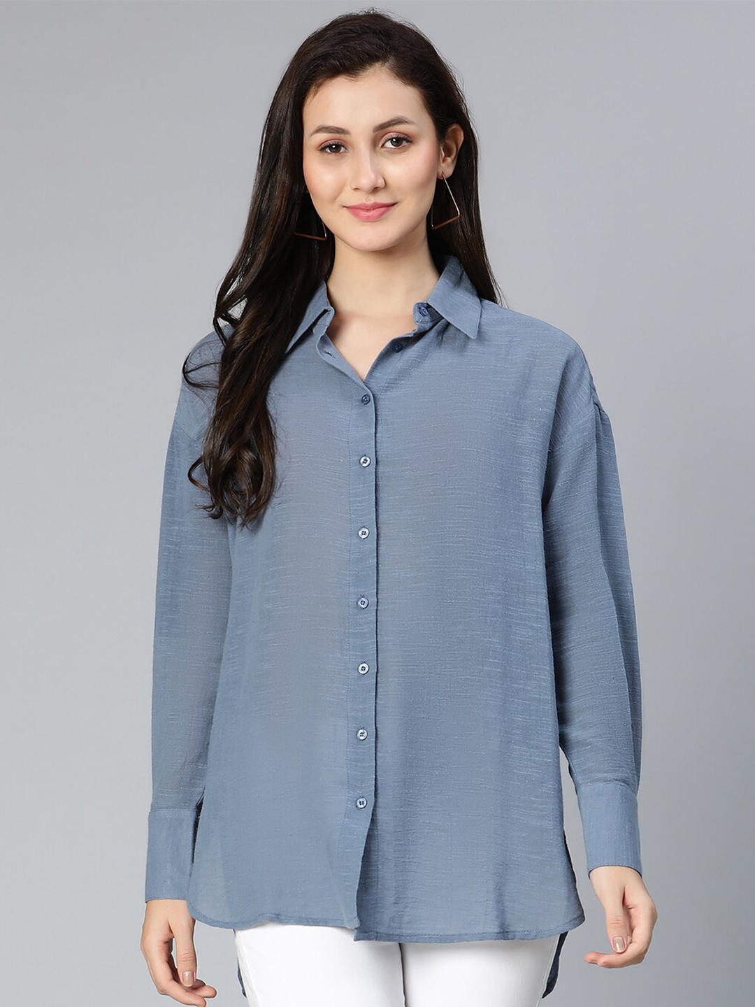 

Oxolloxo Women Grey Classic Semi Sheer Cotton Casual Shirt