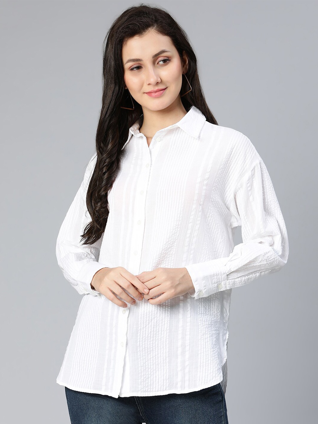 

Oxolloxo Women White Classic Semi Sheer Casual Shirt