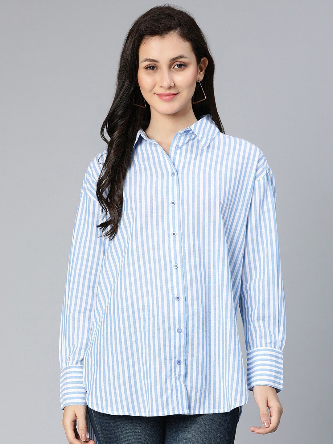 

Oxolloxo Women Blue Classic Striped Formal Shirt