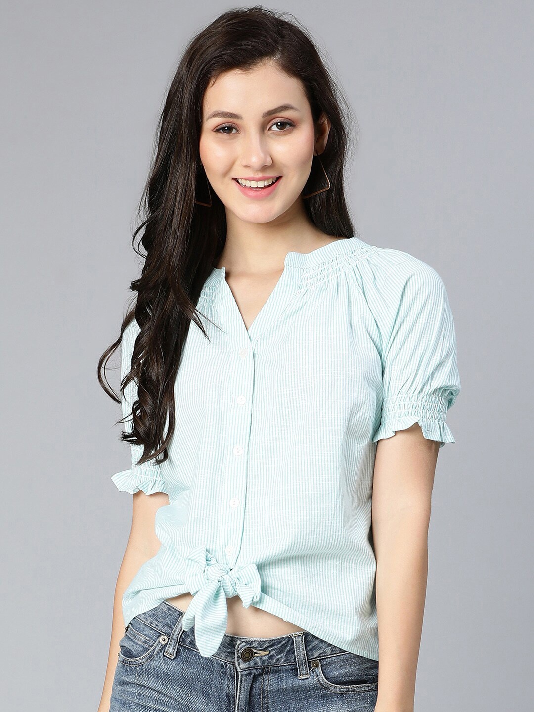 

Oxolloxo Sea Green Striped Mandarin Collar Shirt Style Top