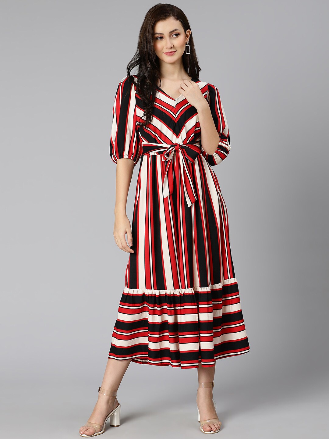 

Oxolloxo Women Red & Black Striped Satin Midi Dress