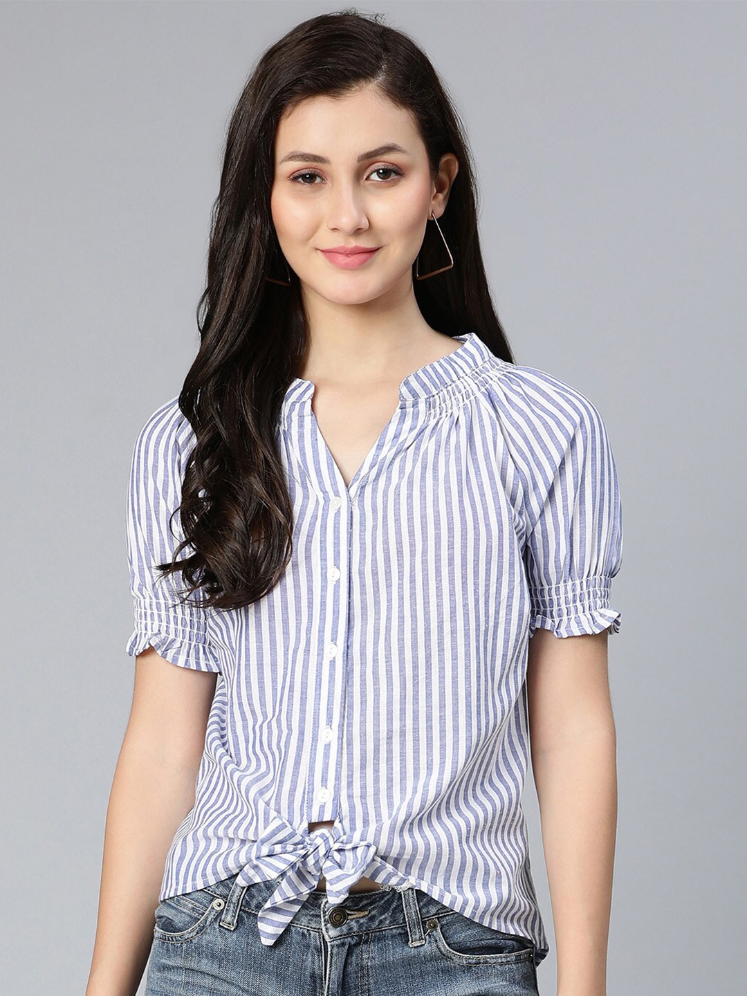 

Oxolloxo Women Pure cotton Blue & White Striped Extended Sleeves Shirt Style Top