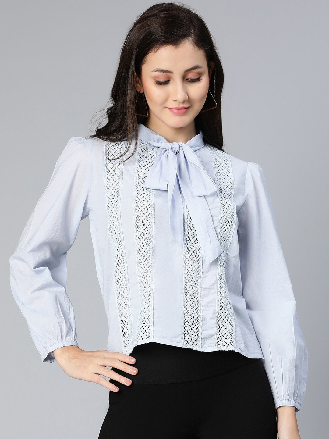 

Oxolloxo Women Blue Tie-Up Neck Pure Cotton Top
