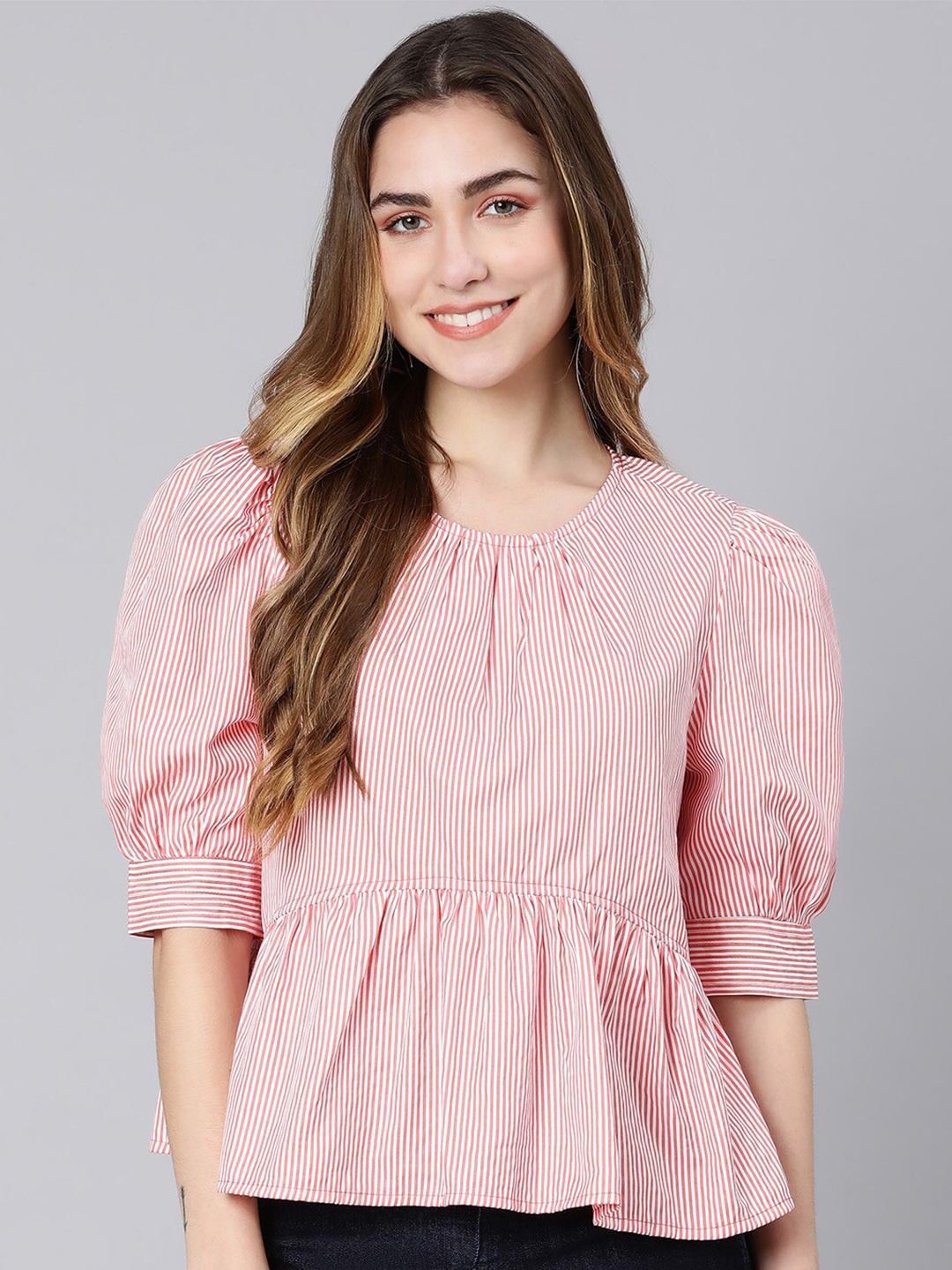 

Oxolloxo Women Peach-Coloured Striped Pure Cotton Peplum Top